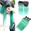 Brazilian Ombre Light Green Human Hair Weave Bundles with 4x4 Lace Closure Straight 1B/Green Ombre Virgin Hair 3 Bundle Deals with Closure