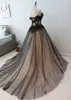 Sexy Black Gothic Wedding dresses Off the shoulder with Sleeves Applique Champagne Inner Beaded A line Tulle Cheap Real Photos Wedding Gowns