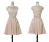 Champagne Plus Size Prom Dresses A-line Cap Short Sleeves Mini Crystals Elegant Organza Molded Cocktail Party Dresses DH378
