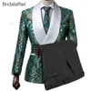 Underbara nya mönster Skräddarsydda brudgummen Tuxedo Green Floral Printed Men Suit för Wedding Mens Suits Set 2st (Jacket + Black Pants)