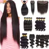 Unprocessed Brazilian Virgin Hair Bundles with Closure Straight Body Wave Human Hair Bundles Peruvian Malaysian Indian Bundles with Frontal