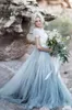 2018 Fairy Beach Bohemian Wedding Dresses A Line Soft Tulle Cap Sleeves Backless Light Blue Skirts Plus Size Lace Boho Bridal Gowns