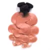 Ombre Rose Brésilien Vierge Bundles de Cheveux Humains Offres avec Fermeture Foncé Racine 1B / Or Rose Ombre 2Tone 4x4 Fermeture en Dentelle avec Weave Bundles