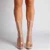 新しいファッション透明な足首のブーツセクシーなクリアシューズ女性プラスサイズ短いボタフェミニナポインドトウクリスタルパースペックスブロックハイヒール春夏2022年