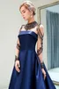 Navy Blue Satin Prom Dresses Luxury Beaded High Sheer Neck A Line Designer Evening Dress Long Illusion Sleeves Graduation Party Go3761700