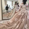 Luxury Ball Gown Wedding Dresses Saudi Arabic Off The Shoulder Lace Long Sleeves Bridal Gowns Lace Up Tulle Court Train Wedding Vestidos