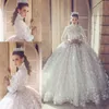 Luxury Beaded Crystal Ball Gown Wedding Dresses 3D Floral Lace Appliqued High Neck Long Sleeves Muslim Bridal Wedding Gowns