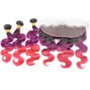 Trame di capelli umani vergini peruviani # 1B / viola / rosa Ombre Onda del corpo con chiusura frontale in pizzo pieno 13x4 Fasci di tessuto Ombre a tre toni