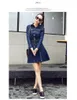 New korean fashion women's turn down collar long sleeve denim jeans sashes a-line dress plus size XXL