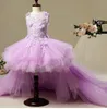 Lange Trailing Girl's Pageant Verjaardag Party Jurken Applicaties Violet Tule Bloemen Meisje Princess Jurk Pluizig Kids First Communion Jurken