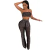 New Shiny Rhinestone Splice Sexy CLUB 2 Piece Set Summer Strapless Crop Top And Empire Long Flared Pants Lady Perspective Suits