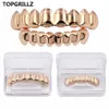 مجموعة مشاوي الهيب هوب من TOPGRILLZ باللون الذهبي ثمانية 8 أسنان علوية 8 أسنان سفلية سهل المهرج مجوهرات حفلات الهالوين