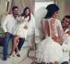 Laço curto mini vestidos de noiva praia lace manga longa sheer de volta uma linha sexy saudita Arábia Curto vestidos de noiva para vestidos de festa 23