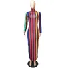 Kobiety Jesień Zimowe Suknie Szczupła Elastyczna Turtleneck Z Długim Rękawem Seksowna Lady Bodycon Robe Sukienki Vestidos Multicolor Stripe Drukuj Długa Sukienka