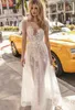 2019 Muse de Berta Vestidos de novia bohemios Sheer Jewel Neck Illusion Lace Boho Vestidos de novia Apliques Vestido de novia de playa sin espalda con lazo