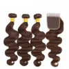 Mittelbraune Echthaar-Webart mit Spitzenverschluss, Körperwelle, schokoladenbraune Haarverlängerung mit 4x4-Spitzenverschluss, freiem Teil