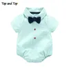 Top und Top Sommer Baby Jungen Gentleman Gestreifte Kleidung Sets Baumwolle Kurzarm Strampler Shirts + Shorts + Fliege 3 teile/satz