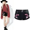 Black Punk Hot Shorts Ladies Rivets Patches Embroidered Floral Loose Style Curled Denim Shorts