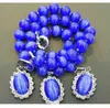 Ensemble de boucles d'oreilles et collier avec pendentif en opale mexicaine bleue saphir, perles rondes, 18 pouces