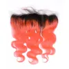 Orange ombre 13x4 full spets frontal stängning med väver kroppsvåg #1b/orange mörk rot ombre jungfru malaysisk mänsklig hår wefts 3 buntar