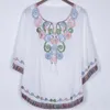 New Verão Feminino Vintage étnico mexicano Floral solto shirt Tops Hippie Boho Cotton Mulher Longo Bordado Blusa Vestido