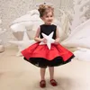 Zweiteilige Partykleider von Little Grils, schwarzes Spitzenoberteil und roter Satinrock, niedliche formelle Kleidung für Kinder, Geburtstagskleid, Festzugskleider für Mädchen