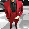 Yakışıklı Koyu Kırmızı Groomsmen Çentik Yaka Damat Smokin Bir Düğme Erkek Takım Elbise Düğün / Balo İyi Adam Blazer (Ceket + Pantolon + Yelek + Kravat)