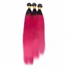 Brasilianska Ombre Rosa Virgin Human Hair 3 buntar handlar om 13x4 Lace Frontal Closure Rak 1b / Hot Pink Ombre Hair Weaves With Fronments