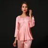Top Quality Women's Luxurious Silk Lace Sexy Sleepwear Långärmad Elegant Bekväm Silken Tunna Silk Pyjamas Set Nightgown 4Colors