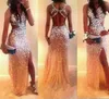 Sexy Sparkling Prom Dresses Halter Neck With Rhinestones High Split Side Criss Cross Back Long Pageant Party Gowns Real Image DH356