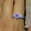 Hjärtform Promise Ring 100% Real Soild 925 Sterling Silver Smycken Rosa Sapphire CZ Diamond Engagement Bröllop Band Ringar för Kvinnor Män