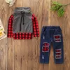 Baby Jungen Kleidung Hosen Kinder Kleinkind Casual Checks Stehkragen Tops + ausgefranste Jeans 2 Stück Set Herbst Kinder Kleidung Sets