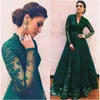 Moda Dark Green Prom Dress High Neck Zroszony Koronki Appliqued Tulle Suknia Seksowna Sheer Długie Rękawy Formalne Party Dresses Suknie Arabskie