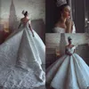2018 Gorgeous Ball Gown Plus Storlek Bröllopsklänningar från axelpärlor Crystal Full Lace Court Train Brudklänningar