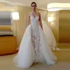 Modest Beaded Appliques Overskirt Wedding Dresses Zipper Up Back Sleeveless Bridal Dresses Custom Made Wedding Gowns With Detachable Train