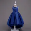 Vestidos de niña de las flores de satén bastante alto y bajo Color cian 2018 Vestidos con apliques de cuentas para niñas Vestido de fiesta para niños D01