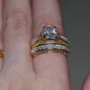 恋人リングプリンセスカット2ct 5aジルコンCZイエローゴールド925スターリングシルバーの婚約ウェディングバンドリングセット女性男性