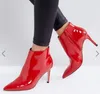 2018 moda kadın kırmızı botlar zip up çizmeler kadın ayak bileği patik ince topuk kırmızı deri çizmeler bayan elbise ayakkabı sivri burun 10 cm topuk