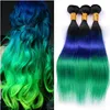 Three Tone #1B/Blue/Green Ombre Brazilian Virgin Human Hair Bundles Deals 3Pcs Lot Silky Straight Human Hair Weaves Weft Extensions