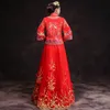 Vår Traditionell Show Bride Dress Suzhou Broderi Långärmad Kinesisk stil Bröllop Cheongsam Aftonklänning Röd Vintage Dragon Rose Gown