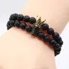 Micro Pave Black CZ Zirconia Gold-Color King Crown Armband Mannen Dull Polish Matte Stone Bead Armbanden Voor mannen Vrouwen