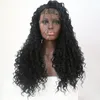 Mode naturlig svart lång kinky lockig full hår billig syntetisk spets fram peruker baby hår värmebeständig fiber mjuka spetsar peruker svarta kvinnor