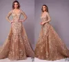 Tony Chaaya Champagne Aftonklänningar med avtagbar kjol V Neck Sweep Train Långärmad Prom Dress Lace Applique Illusion Formal Gowns