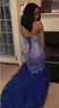 Luxury Plus size Prom Dresses Sweetheart Beaded Crystals Royal Blue Ruffles Organza Long Backless Formal Party Gowns Evening Dresses