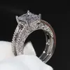 Joias vintage anéis de casamento prata esterlina 925 corte princesa branco topázio cz diamante pedras preciosas eternidade mulheres noivado anel de noiva conjunto para presente de amante