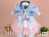 2017 primavera meninas meninas conjunto 3 pçs / set denim jaqueta + camiseta + calça bebê menina roupas princesa crianças conjuntos de roupas