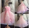 Rosa handgemachte Blumen-Ballkleid-Blumen-Mädchen-Kleider für Hochzeiten perlenbesetzte Kinder-Abschlussball-Kleider Mädchen-Erstkommunion-Kleid