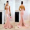 Pink Dresses Blush Evening High Neck Sleeves Lace Prom Gowns Back Zipper Mermaid Sweep Train Custom Made Graceful Vestidos De Noiva