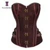 Midjetränare Brocade Steampunk Jacquard Faux Leather Patted Overbust Brown Corset Bustier med kedjor S-6XL 916#263A