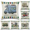 Federa per cuscino Happy Campers Fodera per cuscino quadrato in lino Fodera per cuscino per divano con chiusura a cerniera Decorazione per la casa 20 Disegni YW897-WLL